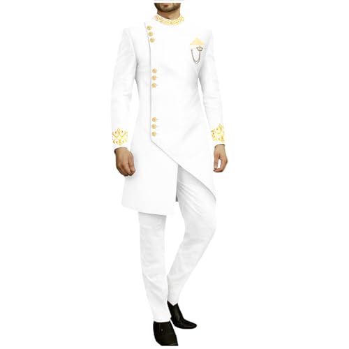 Men`s Suit Slim Fit Embroidery Single Breated Blazer and Pants Set African Clothes Brooch Formal Outfits