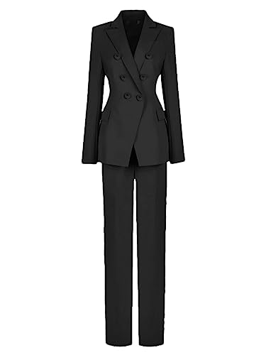 Women's 2 Pcs Set Double Breasted Long Sleeve Blazer Pants Suit