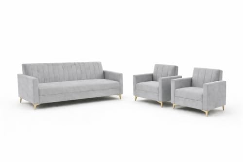 Image of Marvello 3+1+1 Fabric Sofa Set for Living Room | Soft Velvet Upholstery, Sturdy Wooden Frame | Stylish Sofa for Hall & Office Spaces (Light Grey)
