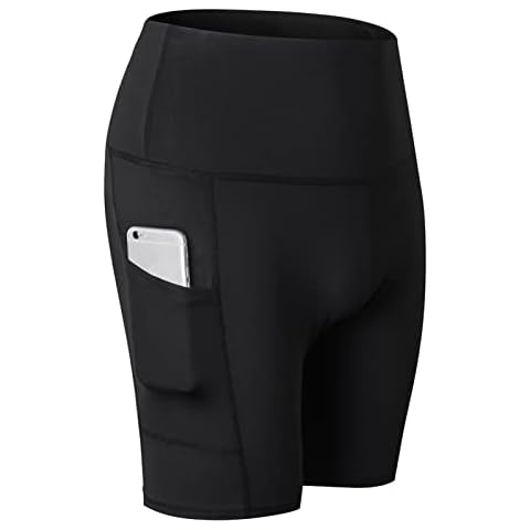 Yimutian Women's High Waisted Yoga Shorts Tummy Control Sports Running Shorts with Pockets for Athletic Workout Gym Cycling Black XXL Cover