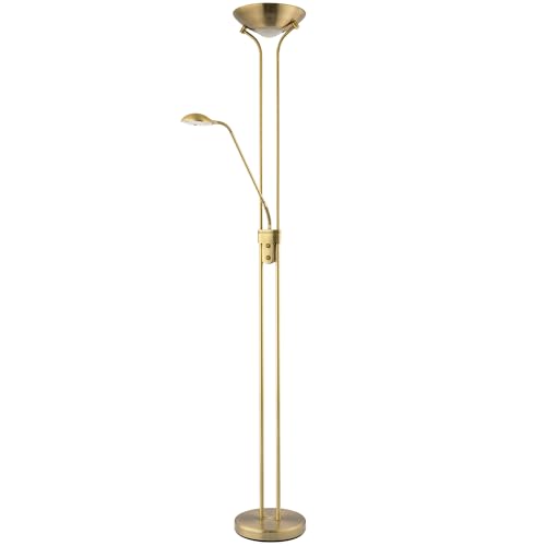 Happy Homewares LED Mother and Child Floor Lamp in Antique Brass with Rotary Dimmer Switches | 20w and 4w | 3000k Warm White | Adjustable Reading Light | 180cm x 25cm
