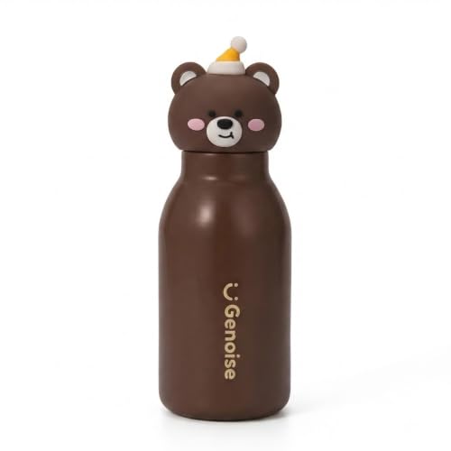 Image of JOUET Kids Stainless Steel Water Bottle 450ml with Brown Bear Character Lid, Leakproof Straw Bottle for School, Travel & Daily Use