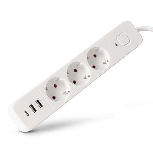 Entac Multiprise 3 Voies avec 2 x USB-A et 1 x USB-C, câble de 1,5 m, Blanc