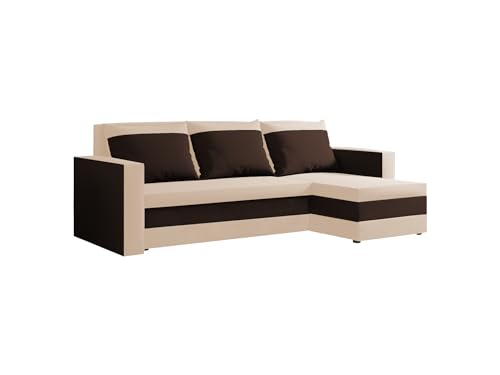 FORNIRO 24 Loft Ecksofa mit Schlaffunktion und Bettkasten – Sofa L-Form 225x130x75 cm, Stoff Basic in Creme-Braun, 3 Sitze & Kissen für modernes Wohnen