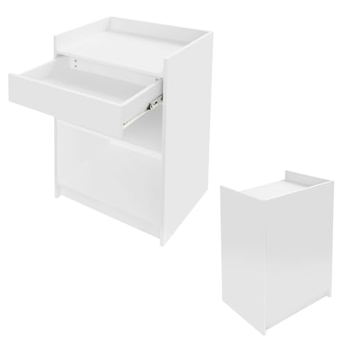 Podium Stand with Drawer | Wood Cash Register Stand | Checkout Counter Cash Register Restaurant Hostess Podium Stand | 38 inches Height | Raised Baffle (White)