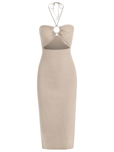 ZAFUL Womens Summer Halter Dress Hollow Out O Ring Front Slim Side Slit Casual Dress String Midi Dresses for Vacation Club(Light Coffee,S)