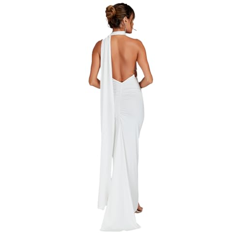ABYOVRT Women Sexy Backless Dress Bodycon Sleeveless Open Back Maxi Dress Formal Cocktail Wedding Guest (B-White S)