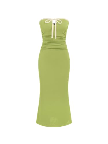 Image of CIDER Strapless Tude Bodycon Midi Dress Ruched Tie Knotted Cocktail Party Summer Dresses