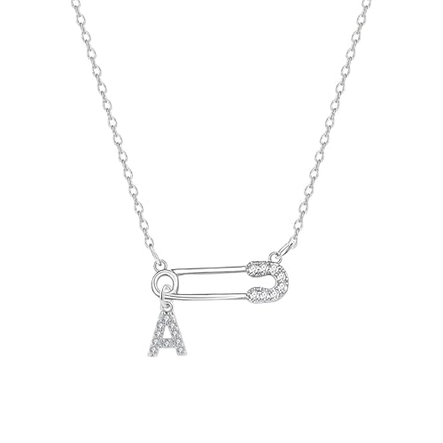Angelra Danity Safety Pin With Initial Charm Necklace Silver Plated Choker for Women Girls, Paper Clip Pendant Necklaces Adjustbale Chain Fashion Jewellery Gifts (A)
