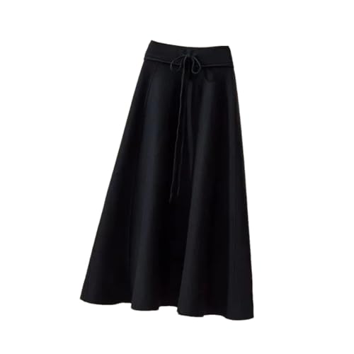 Women High Waist Pleated A Line Skirt Elegant Fall Winter Lace Up Bandage Slim Knitted Midi Skirts Black One Size