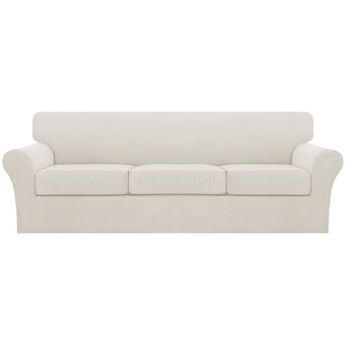 Turquoize 4 Piece Sofa Covers for 3 Cushion Couch Sofa Slipcover Soft Couch Cover for Dogs-Washable Sofa Furniture Covers with 3 Individual Large Cushion Covers (XL Sofa, Cream)