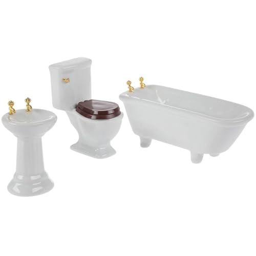 Hobby Lobby Dollhouse Miniature Furniture, 1:12 Scale, White Ceramic Toilet Tub Sink (Bathroom Set)