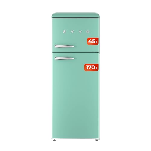 EVVO Frigorífico 2 puertas, Estilo Retro, Refrigerador 170 litros, Congelador 45 Litros, Diseño Vintage, Cajón Crisper Zone, Libre de Gas CFC, Silencioso. F45 Color Verde Pastel