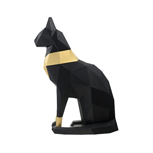 TEHAUX 埃及猫神立体紙模型 手作り幾何折り紙飾り 手成形装飾玩具 ブラック ゴールデンパール紙使用 大人向けオーナメント