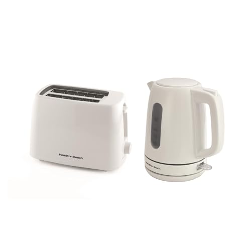 Hamilton Beach Kettle and Toaster Set, Electric Kettle, 1L, Toaster 2 Slice, Plastic, Compact, Boil Dry Protection, Fast Boil, Space Saving, 6 Browning Levels, Cancel Function, White - HB30381116WST