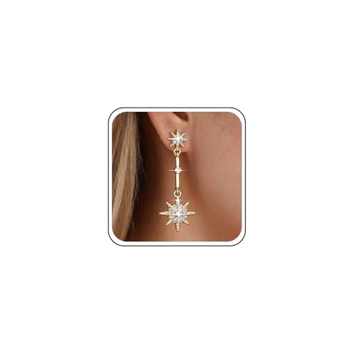 Image of Aneneiceera Boho Crystal North Star Earrings Gold Cz Star Drop Earrings Long Northstar Dangle Earrings Rhinestone Starburst Earring Jewelry for Women and Girls