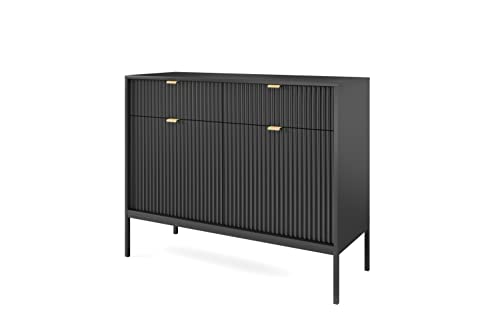 DomiMeble Kommode Nova - geschmackvoll und elegant, Kommode mit 2 Türen, 4 geräumige Ablagen, aus hochwertiger Schichtstoffplatte, modernes Design, goldene minimalistische Griffe (Schwarz)