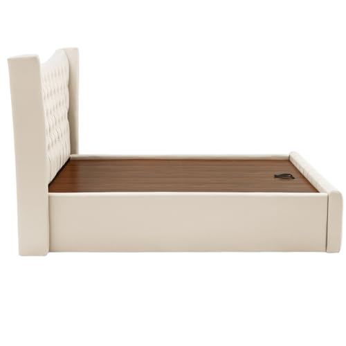 Image of Wakefit Bed | King (78 X 72) Solid Wood Bed, Upholstered, Hydraulic, 3 Year Warranty | - Lovejoy - Beige