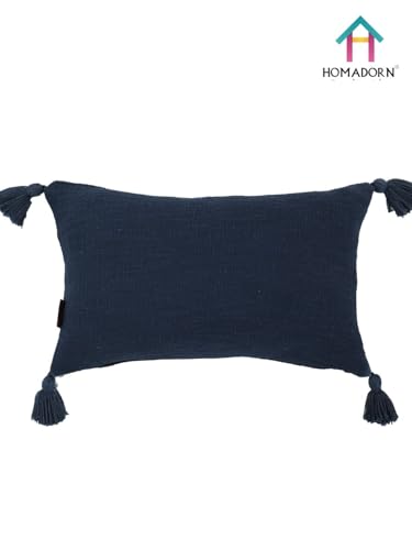 Image of HOMADORN Luxury Cotton Handmade Decorative Boho Throw Pillow Covers with Tassels for Sofa Couch Living Room Indoor Outdoor Chair Car Farmhouse (12X20 INCHES (Rectangle), Navy (Pack of 2))