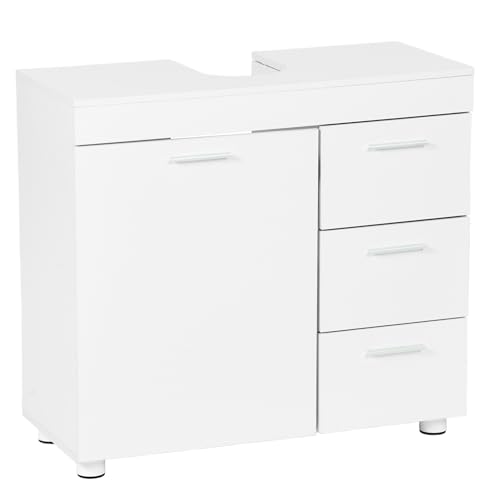 Meuble sous lavabo avec 3 tiroirs, 2 compartiments derrière la porte, pieds, petit meuble de lavabo avec étagère réglable, meuble de salle de bain, en bois, blanc