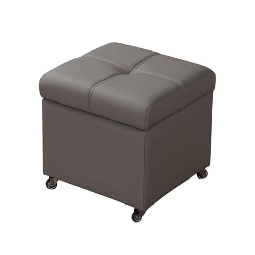 Taburete otomano de almacenamiento de cuero con ruedas, reposapiés pequeño para sala de estar, dormitorio y entrada, color gris medio, 32 cm