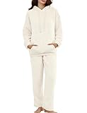 Wyeysyt Women's Fleece Pajamas Sets Fuzzy Loungewear Long Sleeve Casual Hoodies and Pants Fluffy 2 Piece Set Sleepwear(Beige-S)