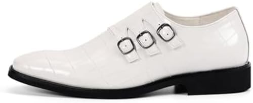 Men's Printed Oxford Dress Shoes, Stylish Metal Buckle Comfortable Slip-on Pointed Toe Dress Shoes Business Wedding Slip-on Men's Loafers (White,12.5)