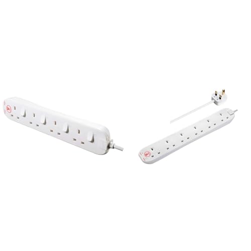 Masterplug SWSRG4210N-MP Four Socket Power Surge Protected Extension Lead with Individual Switches & SRG6210N-MP Six Socket Surge Protected Extension Lead, 2 Metres, White