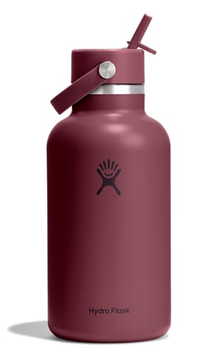 Image of Hydro Flask Water Bottle - Insulated Stainless Steel - Wide Mouth Flex Straw Lid, Non Spill, Leakproof and Refillable in 64 Oz Burgundy