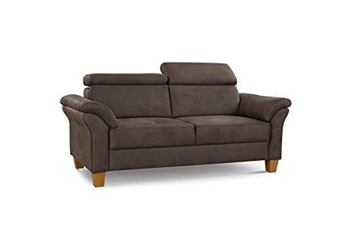 Cavadore 3-Sitzer-Sofa Ammerland / 3er-Couch im Landhausstil mit Federkern + verstellbaren Kopfstützen / 186 x 84 x 93 / Wildlederoptik, Braun – Bild 5