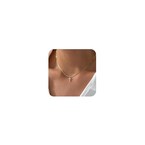 Cross Necklace for Women, Dainty 14K Gold Cubic Zirconia Pendant Cross Necklaces Simple Cute Tiny Gold Jewelry