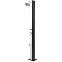 Solardusche, 35 Liter, 220 cm, für Garten, Pool, verchromt, Regenduschkopf mit Temperaturregler und Fußbrause, Schlauchanschluss, Außenpool, Terrasse, Silber Schwarz