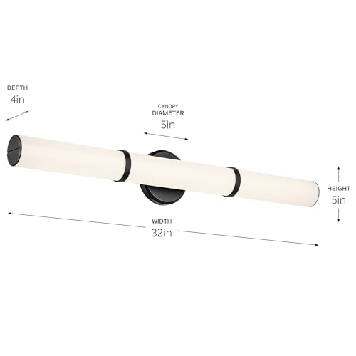 Image of Kichler Rosh 32 inch LED Large Bath Bar Vanity Light Fixture with White Glass in Black, Modern Minimalist for Bathroom Mirror, Fireplace, Buffet, Hallway (32 inch W x 5 inch H), 55189BKLED