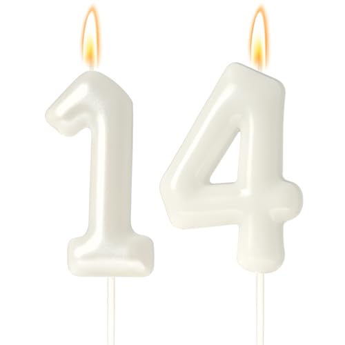 14 Candles 14th Birthday Decorations for Girls White 14 Candle for Beige Birthday Decorations 14 Cake Topper for 14 Year Old Girl Cream Birthday Party Decor Party Supplies Favors(Number 14 Candle)