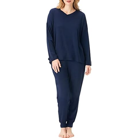 LazyCozy Bamboo Viscose Pajama Set for Women Soft Sleepwear Long Sleeve Top and Jogger Pants Pjs Lounge Set, Navy, Small Cover