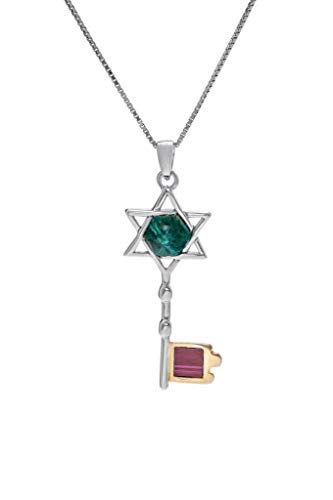 Porte-clés en argent avec étoile de David en or 9k et pierre d'Eilat rare