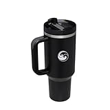 Grecale Home Goods Reisebecher – Thermo-Wasserflasche mit Strohhalm-Deckelgriff und Reinigungsbürste, doppelwandiger Edelstahlbecher für kalten, heißen Kaffee, 1,2 l Trinkbecher (schwarz)