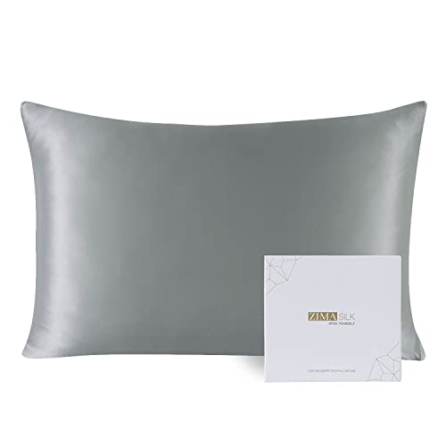 ZIMASILK Pure Mulberry Silk Pillowcase for Hair and Skin Health, with Reinforced Hidden Zipper, Dual-Sided 22 Momme Grade 6A Silk, Soft&Hypoallergenic, Gift Box 1Pc (Standard 20"x26", Grey)