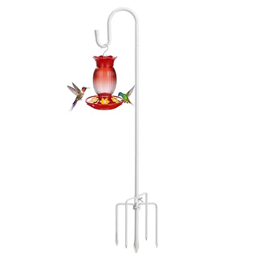 Image of 62 inch White Shepherds Hooks for Outdoor, Bird Feeder Pole with 5 Prong Base, Adjustable Height Shepherds Hook for Hummingbird Feeder, Bird Feeder, Lightweight Plant, Wind Chimes, Lanterns (1 Pack)
