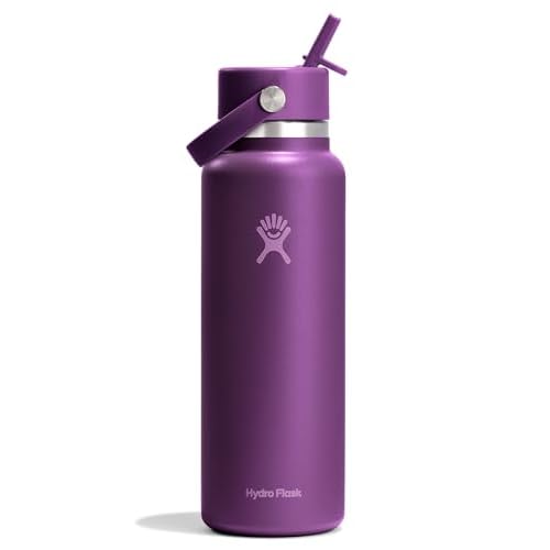 Hydro Flask Water Bottle – Insulated Stainless Steel – Wide Mouth Flex Straw Lid, Non Spill, Leakproof and Refillable in 40 Oz Beachplum Purple