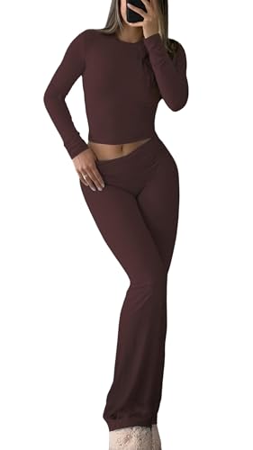 Image of YETOWA Y2K 2 Piece Outfits Tummy Control Long Sleeve Crop Top High Waisted Flare Pants Soft Knit Lounge Set