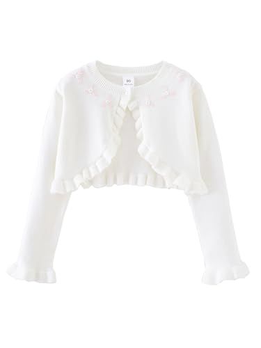 Girls's Crocheted Flowers Scalloped Cardigan Cropped Knitted Sweater Toddler Round Neck Lightweight Knitwear
