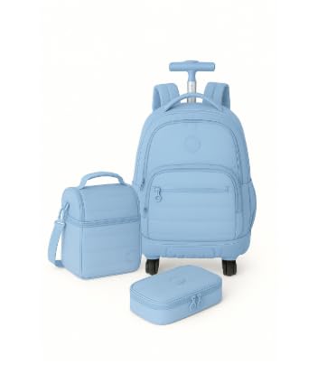 Kit Escolar Up4you com Mochila de Rodas Duplas 360°, Lancheira Térmica, Estojo Box, Azul