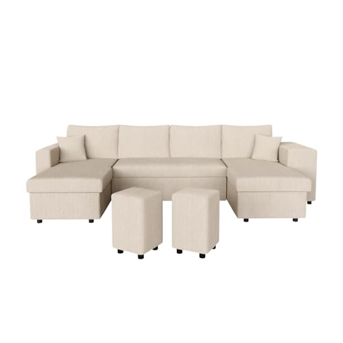 LOUNGITUDE Canapé d'angle panoramique Oslo Convertible avec 2 coffres et 2 poufs en Velours côtelé