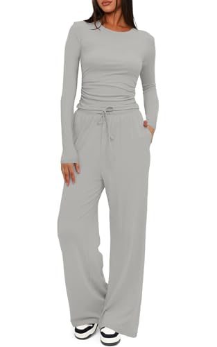 Joligiao Conjunto Deportivo Mujer 2 Piezas Casual Conjunto Chándal Dos Piezas Manga Larga Top y Pantalón Pata Ancha Chandal Mujer Completo Color Sólido Elegante Conjuntos Fitness Ropa Deportiva Yoga