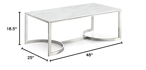 Meridian Furniture Copley Collection Modern | Contemporary Square Marble Veneer Top Coffee Table With Stainless Steel Base And Polished Chrome Finish, 48" W X 25" D X 18.5" H #TOP3