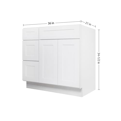 Image of Furinno Shaker Drawers Left Bath Vanity Cabinet Without Top, Ready to Assemble, 21 D x 36 W x 34.5 H, White
