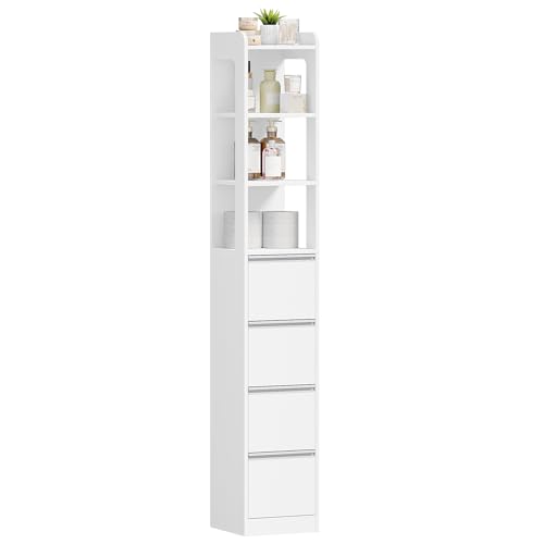 HEXCELEN Mueble de Baño, Armario Independiente, Armario de Almacenamiento, con 4 Cajones y 3 Compartimentos Abiertos, 30 x 30 x 185 cm, Apto para Baños, Salones, Cocinas, Blanco