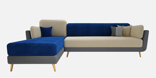 Image of Polyester Velvet Contemperory Sofa Set with Cushion Chaise Lounge, Sectional Sofa Perfect for Your Living Room,Guests Room & Office. (Blue & Beige, RHS 5 Seater)
