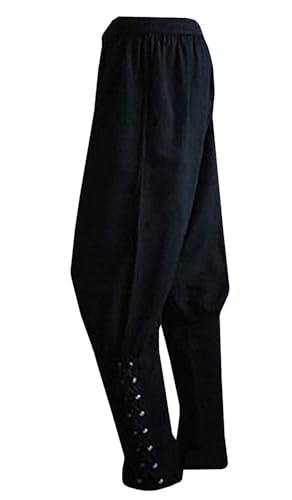 Mens Medieval Ankle Pants Viking Pirate Renaissance Costume Lace Up Tapered Banded Navigator Casual Trousers (Large, 01 Black)